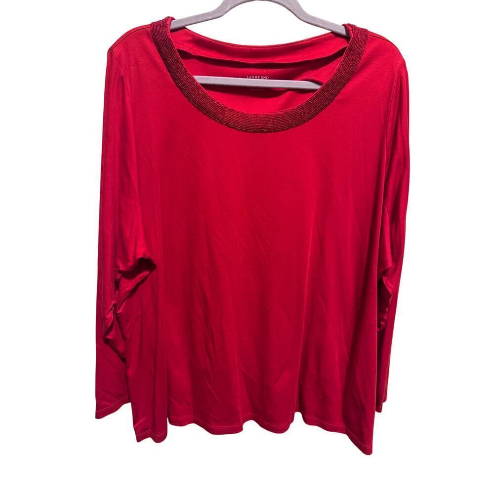 Lands’ End Red Scoop Neck Long Sleeve Shirt Beaded  Embellished Neckline Sz 3X